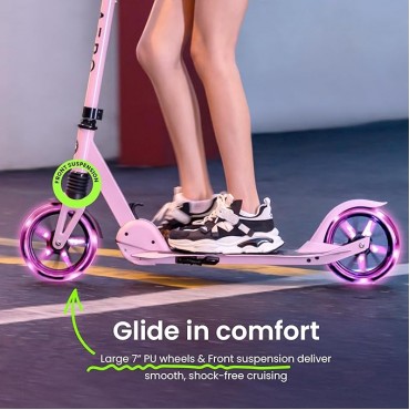 AERO MOBILITY Kick Scooter for Kids 6+, Teens & Adults | Light Up Wheels, Hand Brake, Rubber Deck Mat & Shock Absorption | Foldable & Height Adjustable